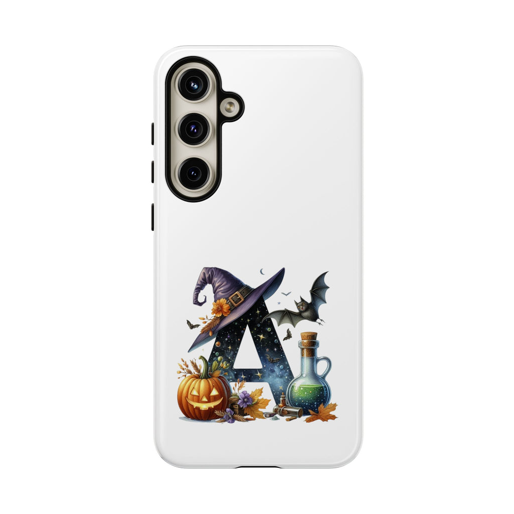 Halloween Witch Initial Phone Case - Letter A Pumpkin, Bat & Potion Cute Fall Phone Cover