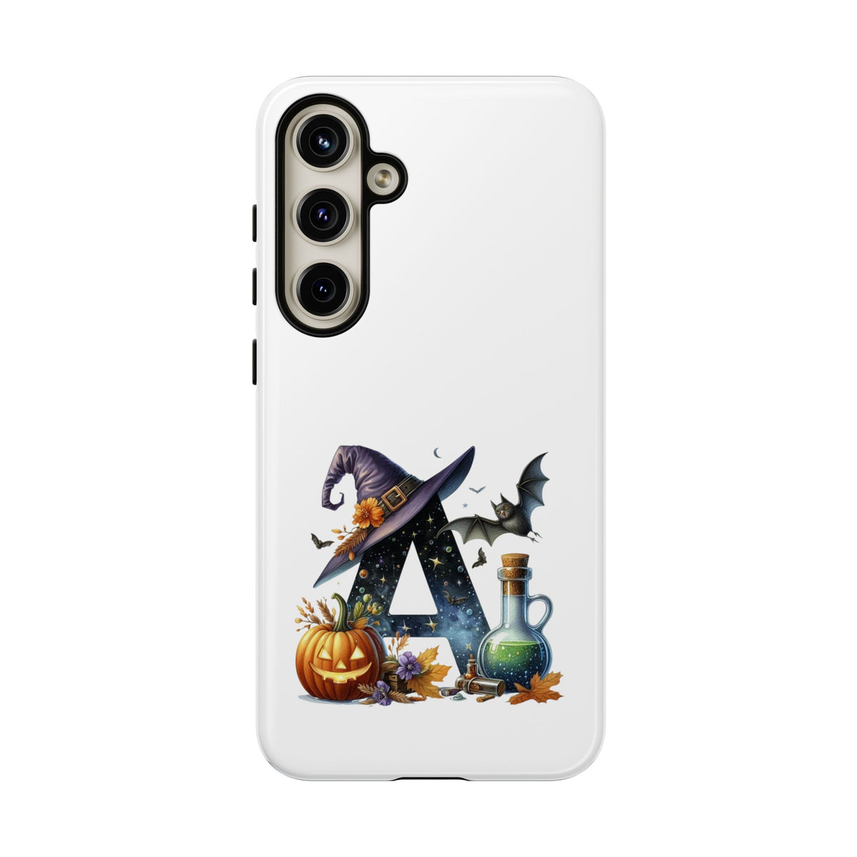 Halloween Witch Initial Phone Case - Letter A Pumpkin, Bat & Potion Cute Fall Phone Cover