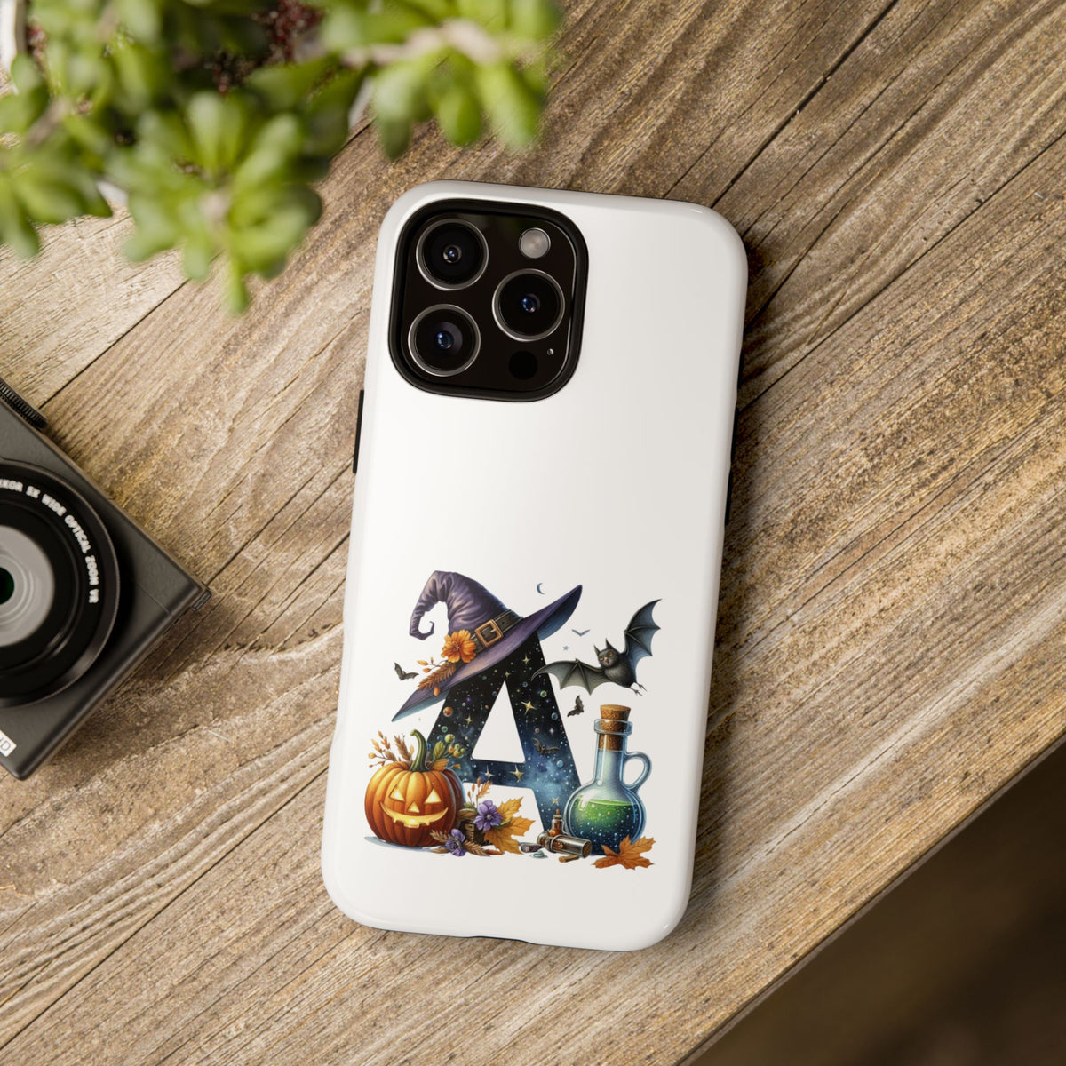 Halloween Witch Initial Phone Case - Letter A Pumpkin, Bat & Potion Cute Fall Phone Cover