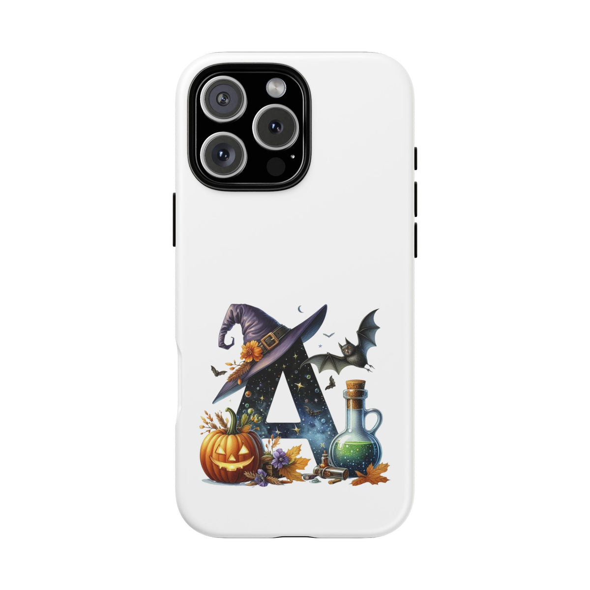 Halloween Witch Initial Phone Case - Letter A Pumpkin, Bat & Potion Cute Fall Phone Cover