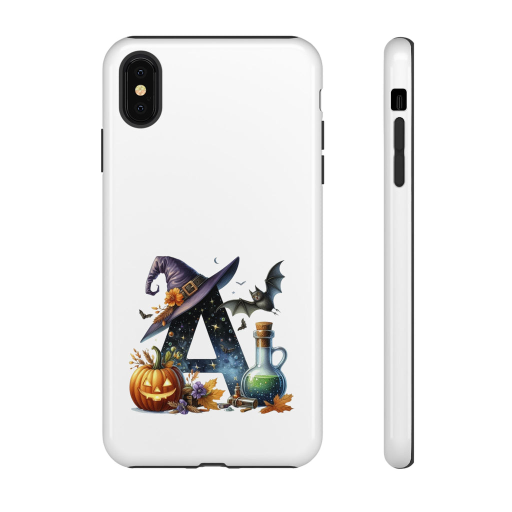 Halloween Witch Initial Phone Case - Letter A Pumpkin, Bat & Potion Cute Fall Phone Cover