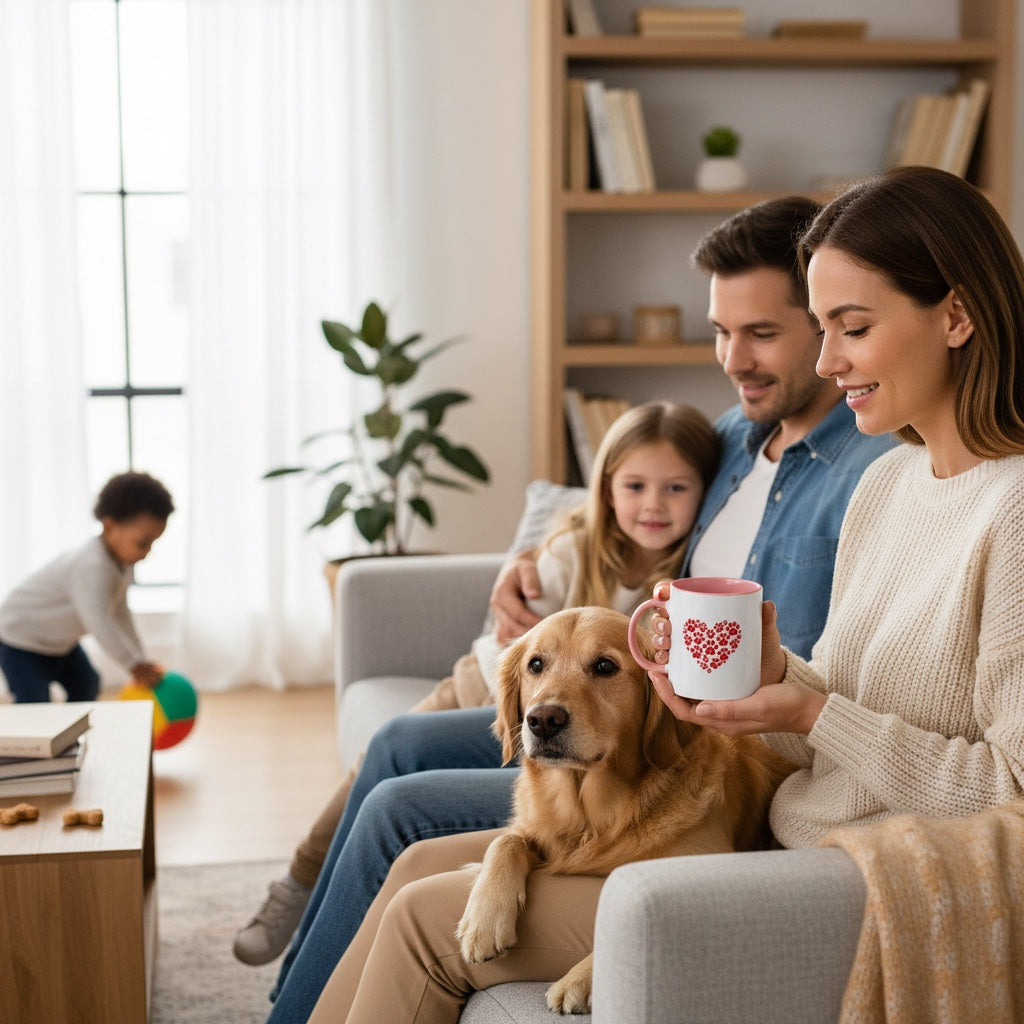 A family of four and their golden retriever dog relax on a light gray sofa in a bright, modern living room. The woman holds a white ceramic mug with a pink rim and a red heart design on the side.