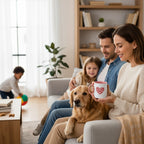 A family of four and their golden retriever dog relax on a light gray sofa in a bright, modern living room. The woman holds a white ceramic mug with a pink rim and a red heart design on the side.