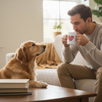 A man in a living room sits on a sofa holding a white mug with a red heart pattern, looking at a golden retriever dog sitting on a wooden table in the foreground.