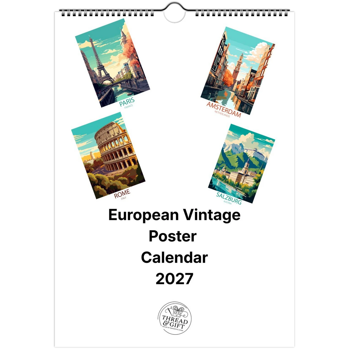 2027 European Vintage Scene Personalised Wall Calendar | Custom Date Printing