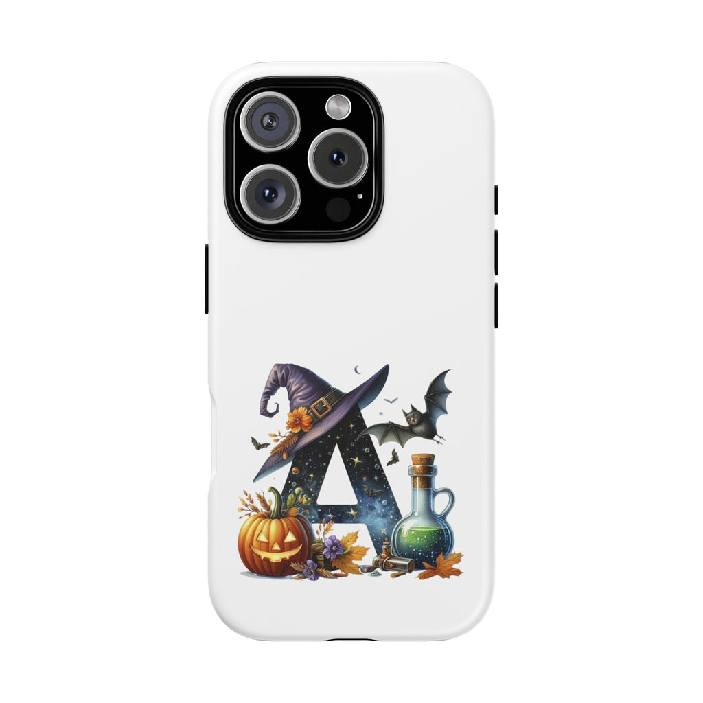 Halloween Witch Initial Phone Case - Letter A Pumpkin, Bat & Potion Cute Fall Phone Cover