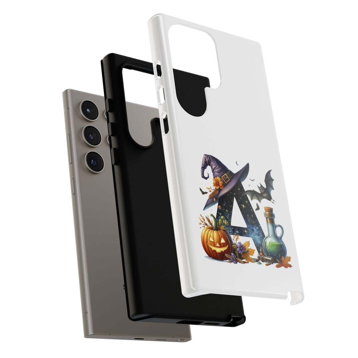 Halloween Witch Initial Phone Case - Letter A Pumpkin, Bat & Potion Cute Fall Phone Cover