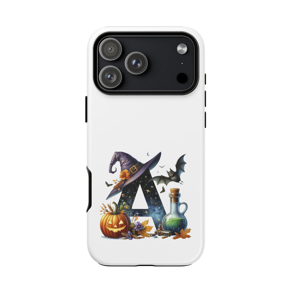 Halloween Witch Initial Phone Case - Letter A Pumpkin, Bat & Potion Cute Fall Phone Cover