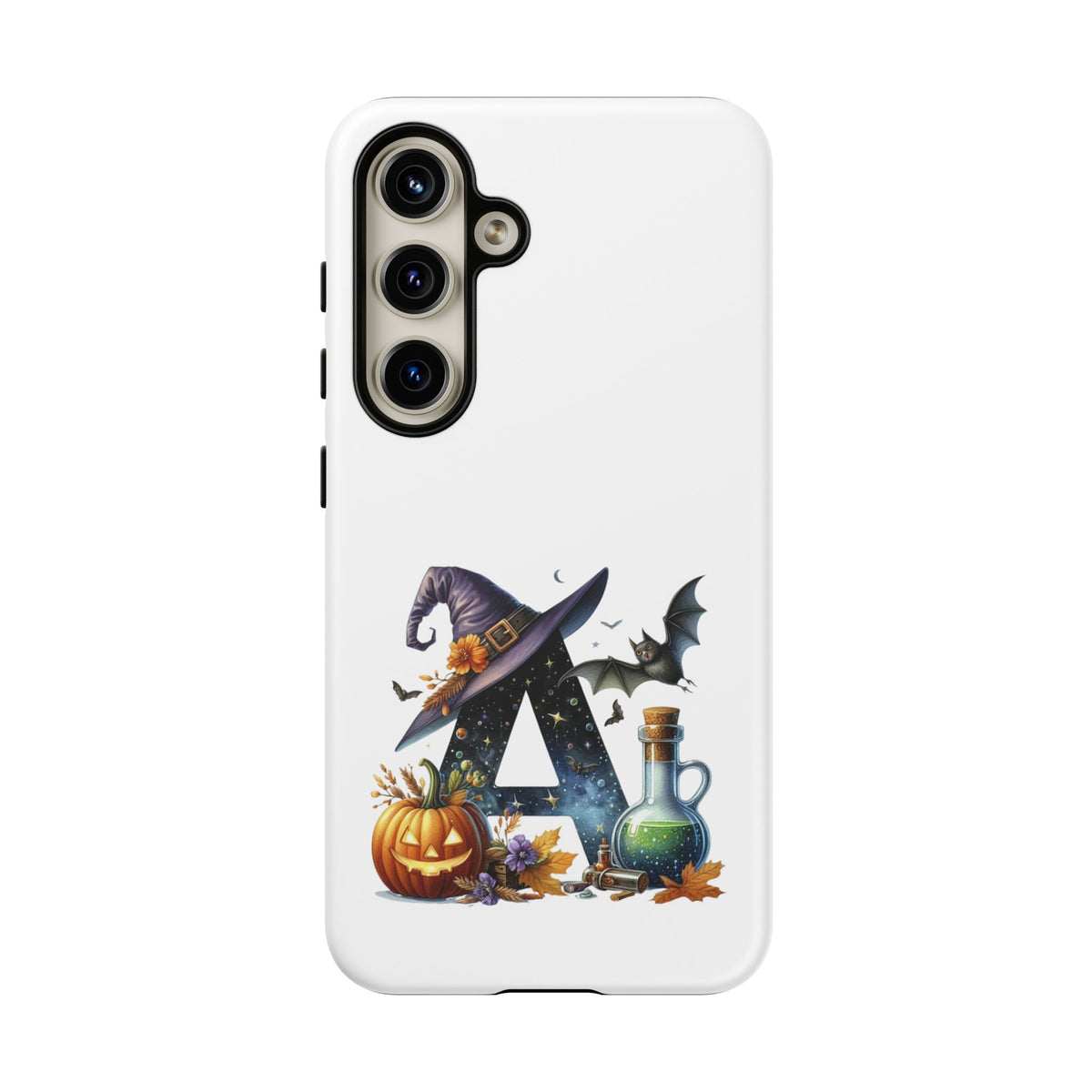 Halloween Witch Initial Phone Case - Letter A Pumpkin, Bat & Potion Cute Fall Phone Cover