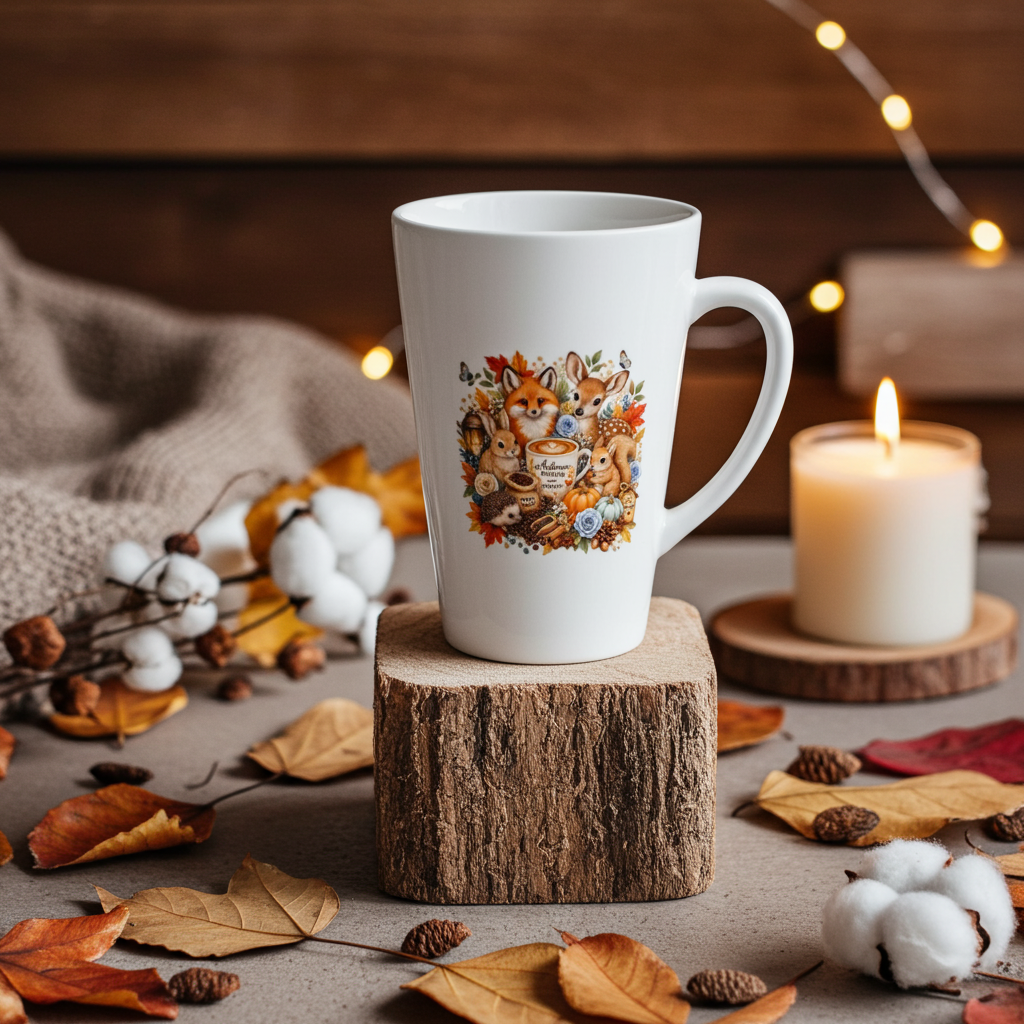 Cozy Autumn Woodland Ceramic Latte Mug – 17oz Seasonal Drinkware