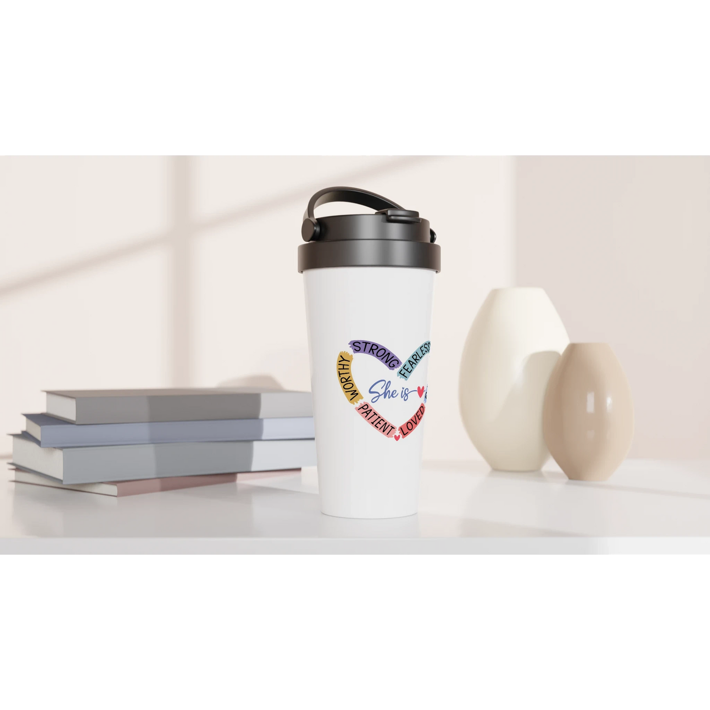 She Is Heart Affirmation Stainless Steel Travel Mug – 15oz Insulated Tumbler