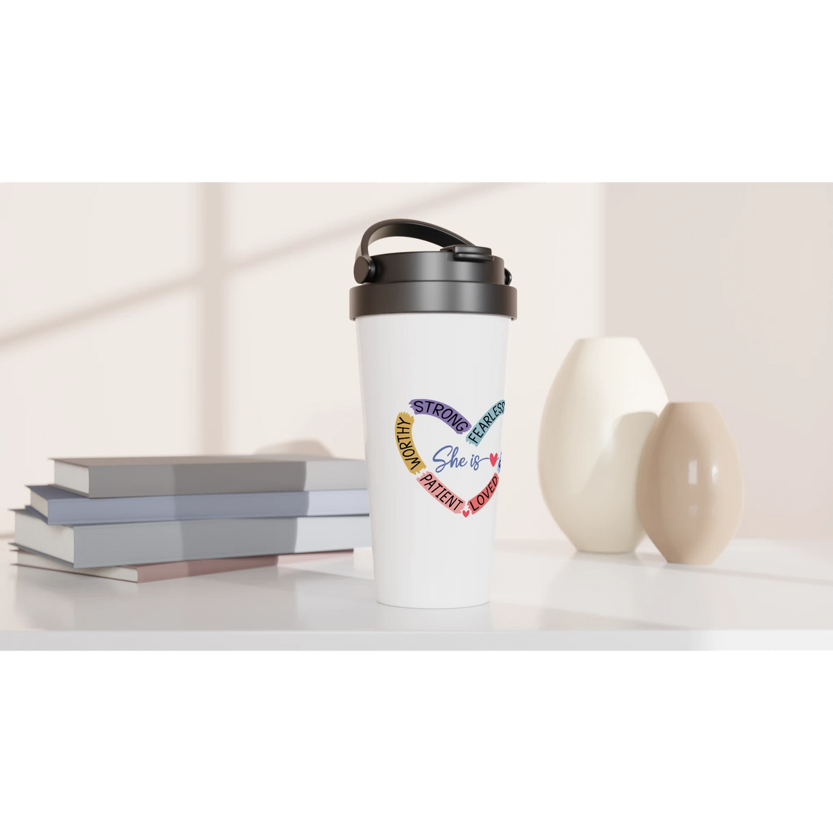 She Is Heart Affirmation Stainless Steel Travel Mug – 15oz Insulated Tumbler
