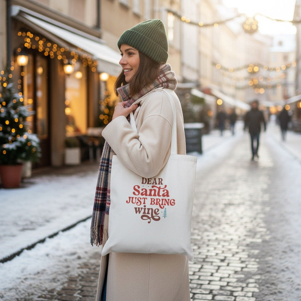 Dear Santa Just Bring Wine Cotton Tote Bag – Durable Eco-Friendly Shopper