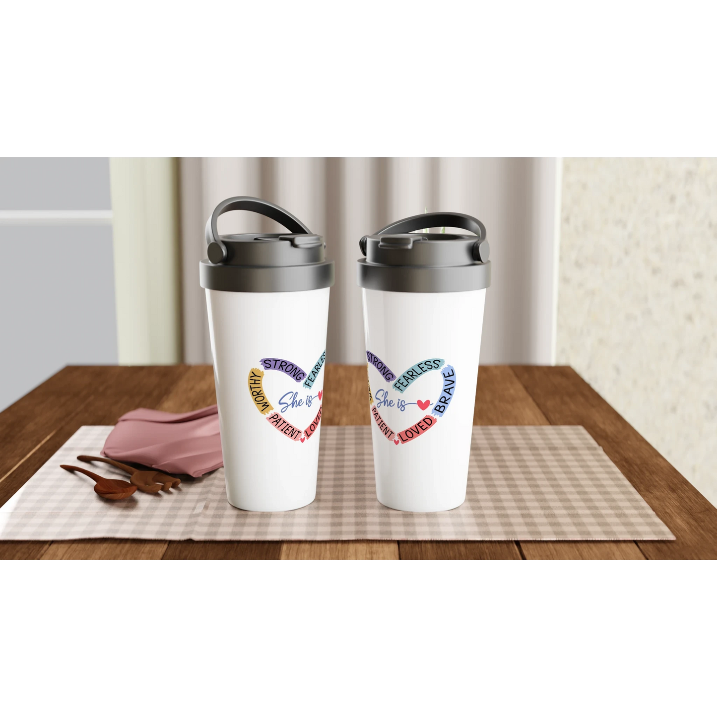 She Is Heart Affirmation Stainless Steel Travel Mug – 15oz Insulated Tumbler