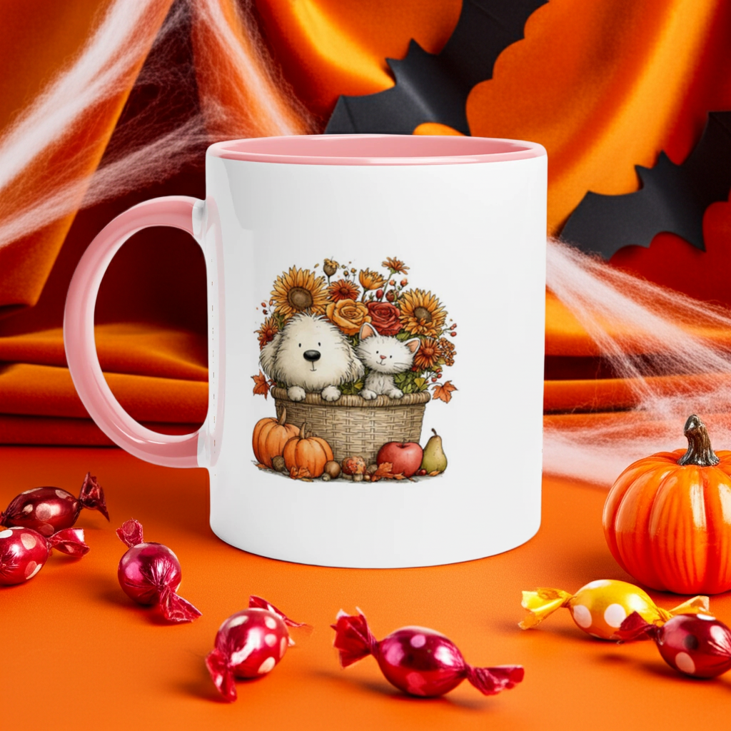 Dog and Cat Autumn Ceramic Mug – 11oz Coloured Rim and Handle