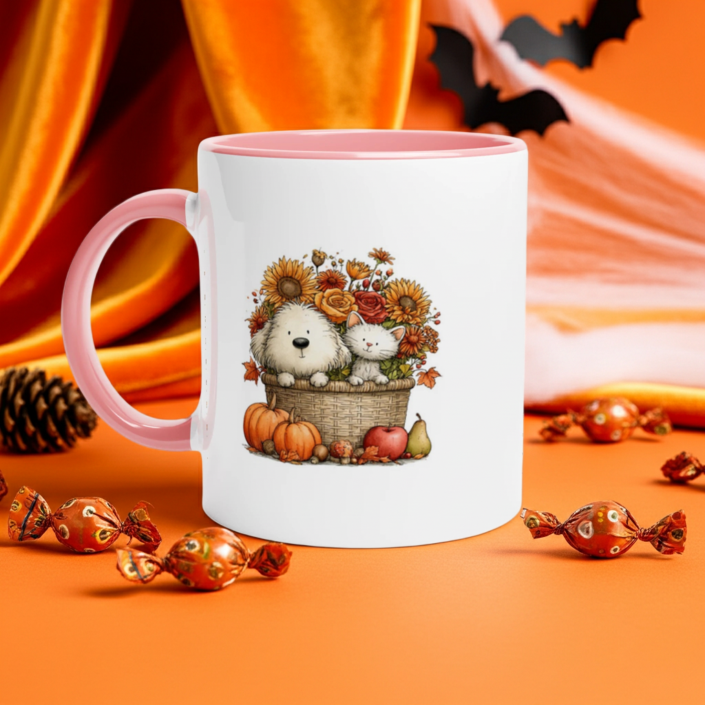 Dog and Cat Autumn Ceramic Mug – 11oz Coloured Rim and Handle