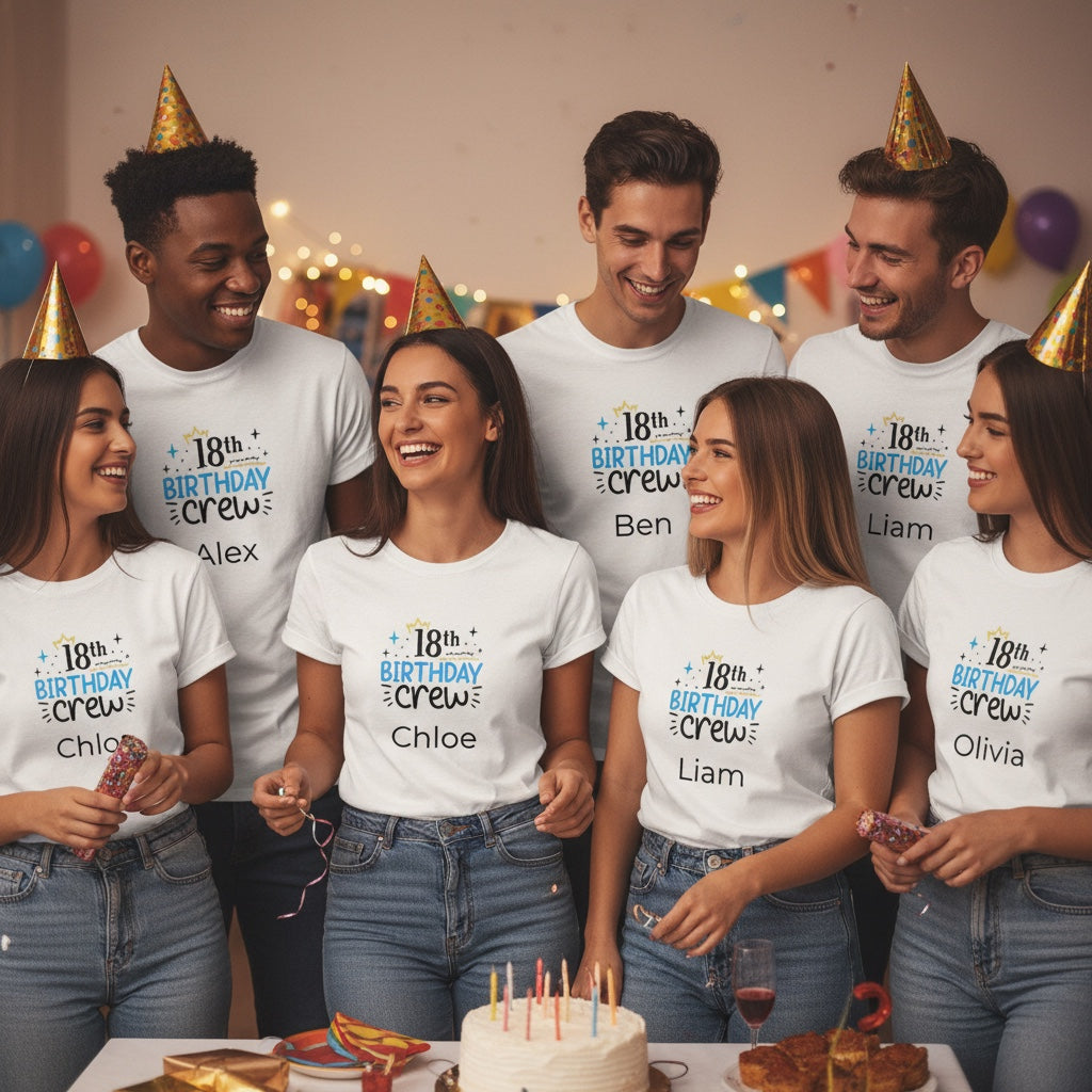 A group of seven friends wearing matching white t-shirts with '18th Birthday Crew' printed on the front, celebrating with party hats and a birthday cake in a party setting.