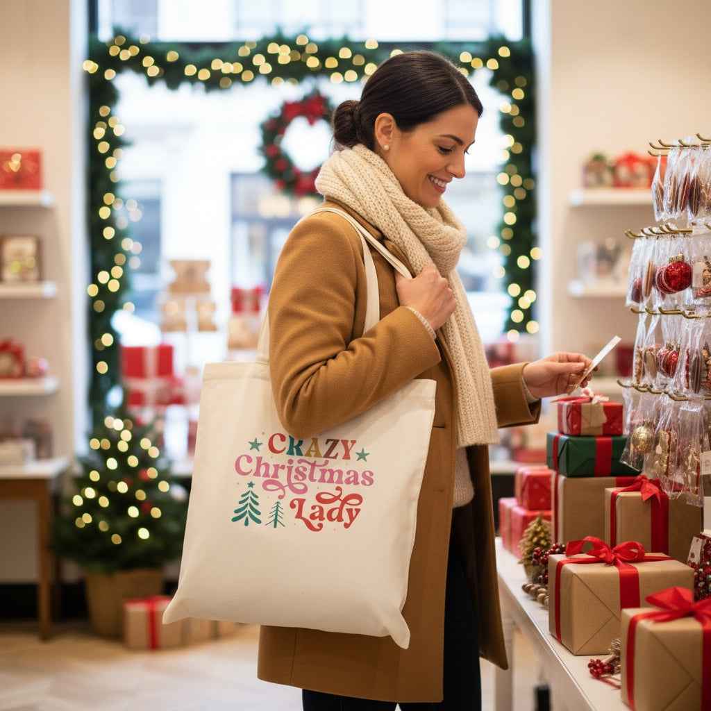 Crazy Christmas Lady Tote Bag - 100% Cotton Reusable Shopper