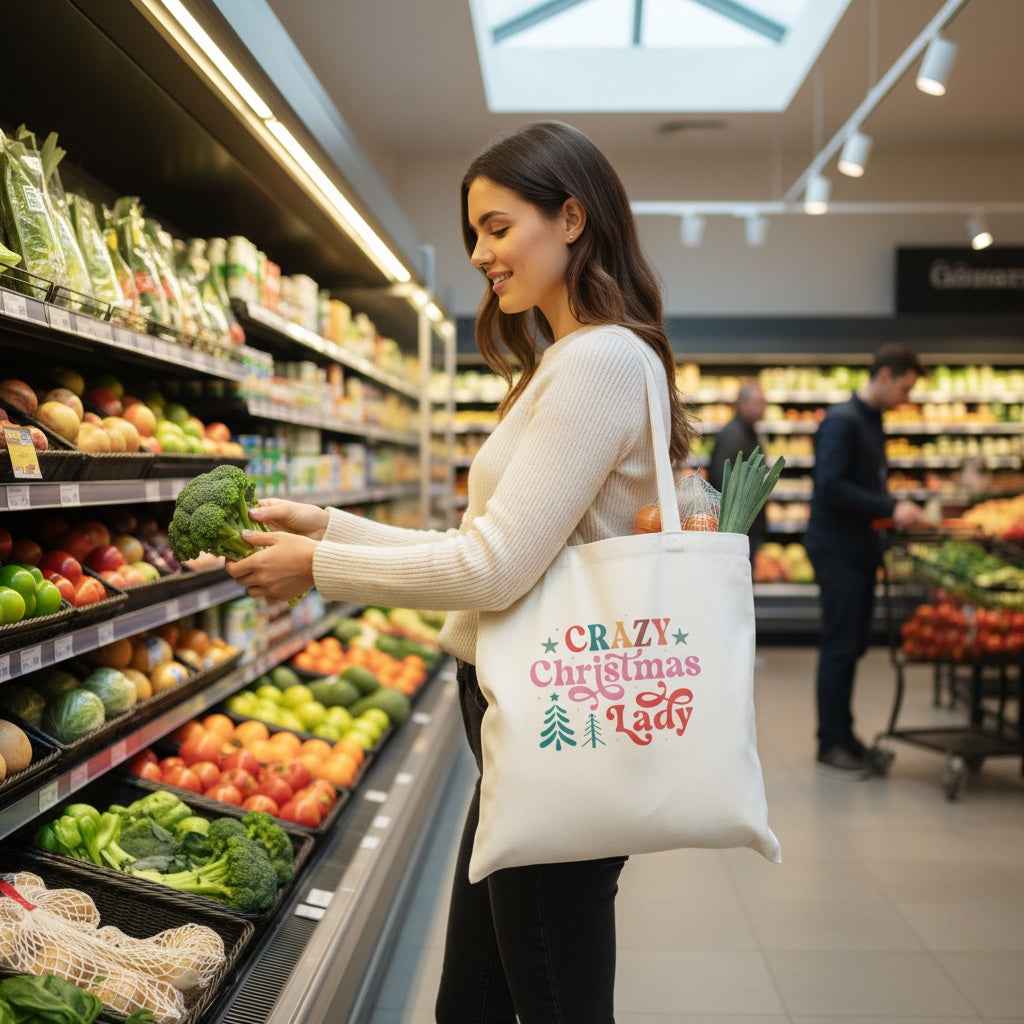 Crazy Christmas Lady Tote Bag - 100% Cotton Reusable Shopper
