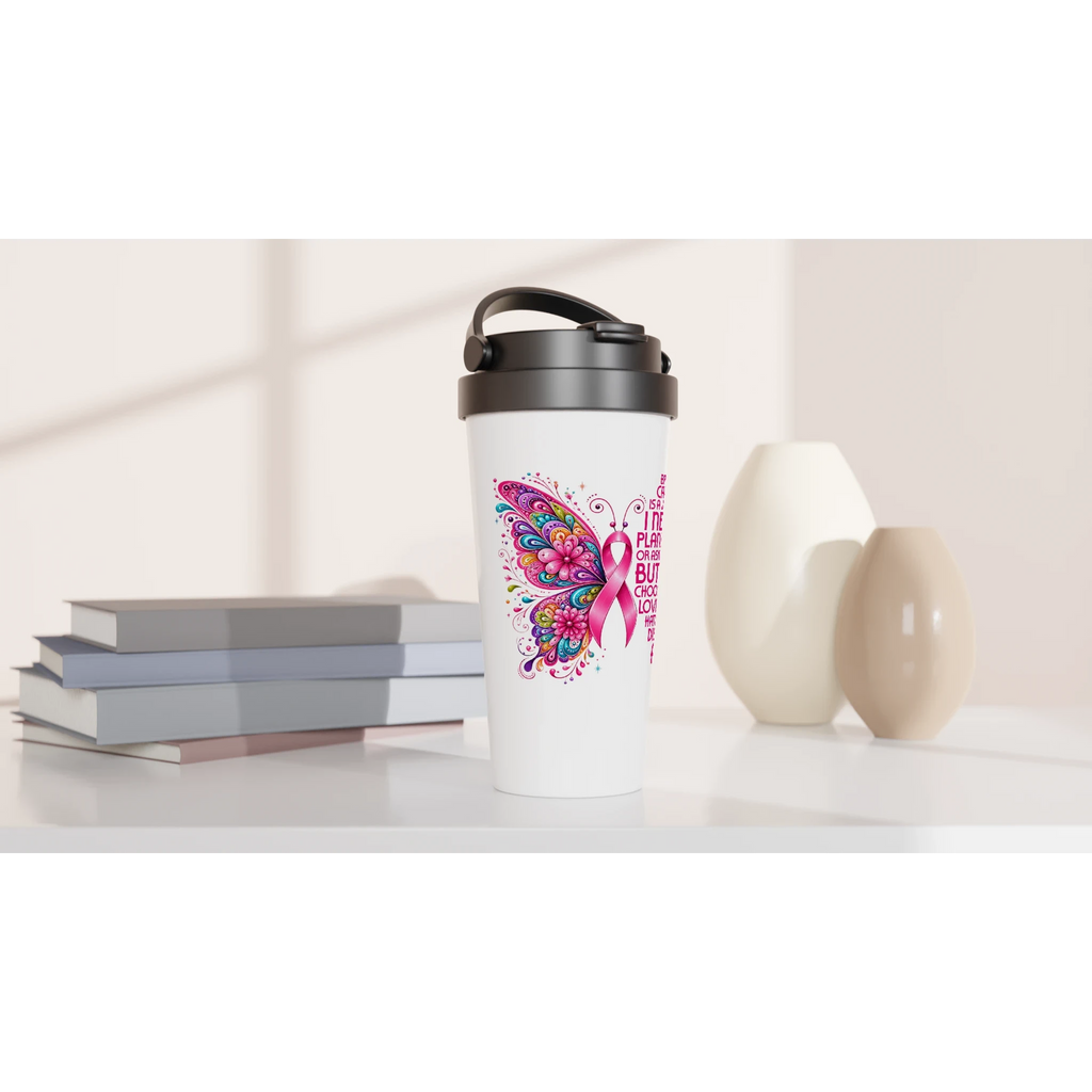 Butterfly Breast Cancer Awareness Travel Mug - 15oz Stainless Steel