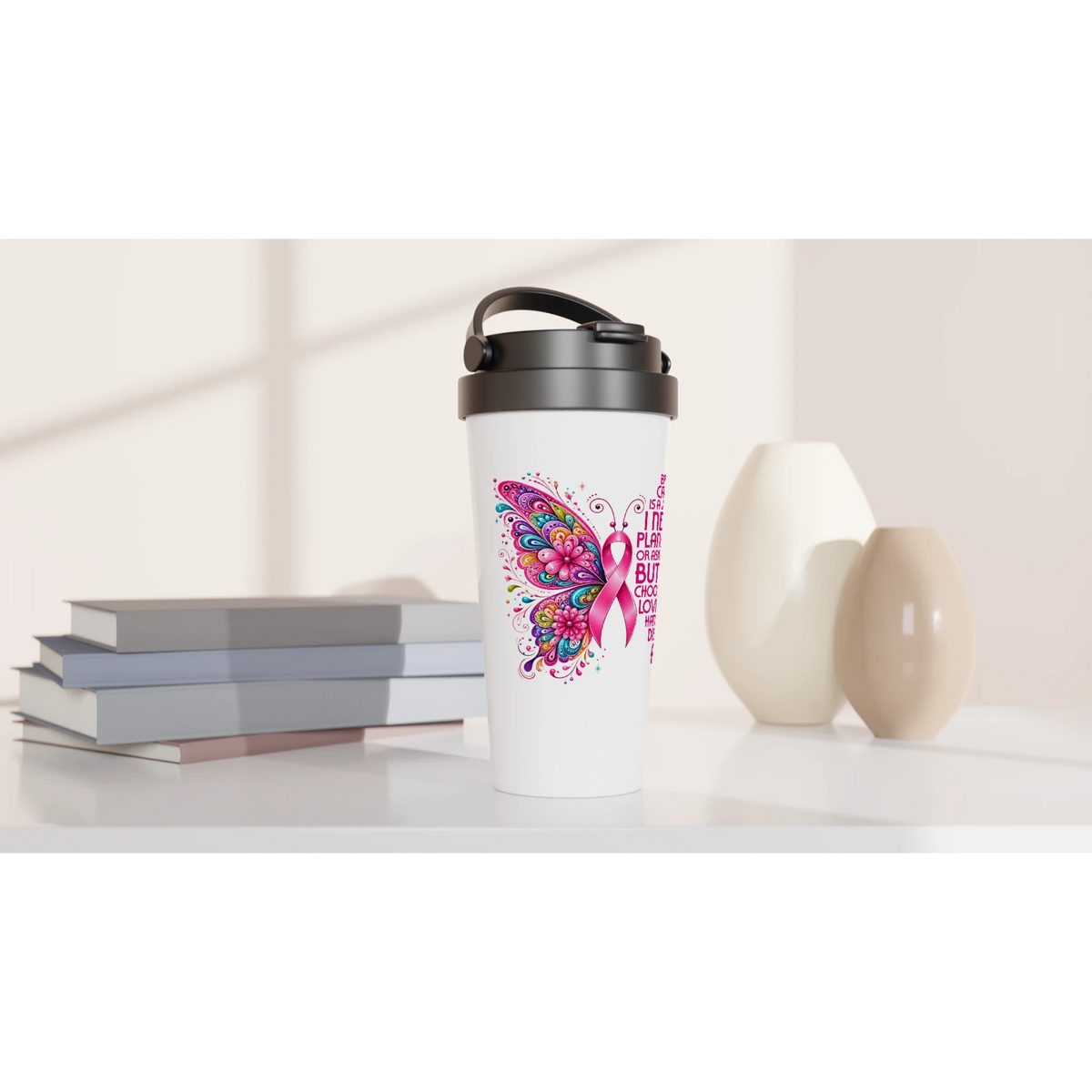 Butterfly Breast Cancer Awareness Travel Mug - 15oz Stainless Steel
