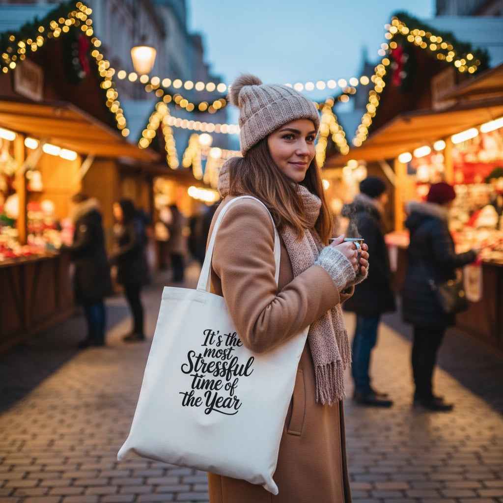 Hum Bug Cotton Tote Bag - Funny Seasonal Quote Shopper for Grumpy Holiday Lovers