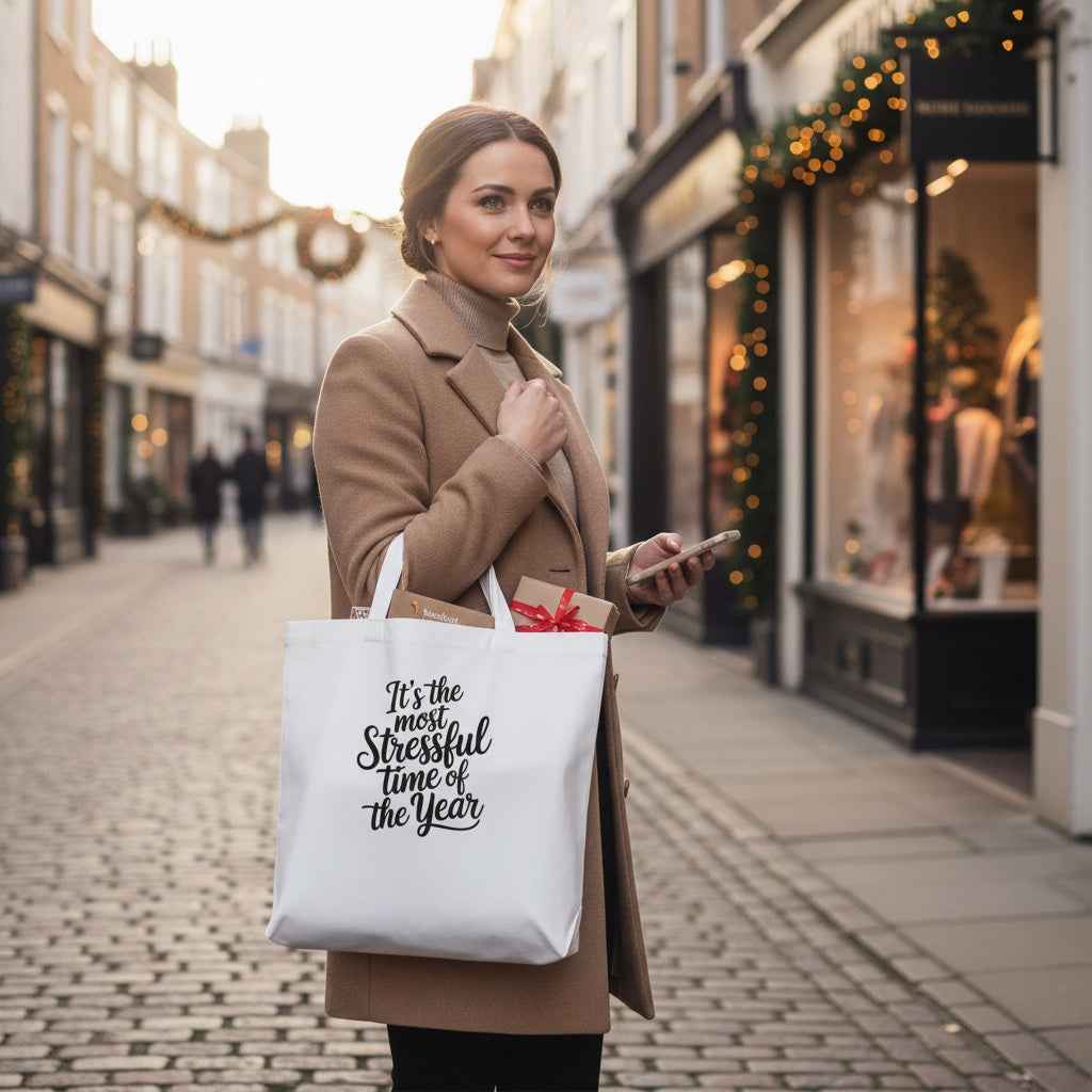 Hum Bug Cotton Tote Bag - Funny Seasonal Quote Shopper for Grumpy Holiday Lovers
