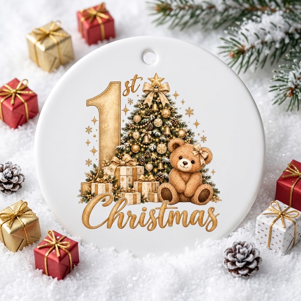 1st Christmas Ceramic Ornament – Tree & Teddy Keepsake