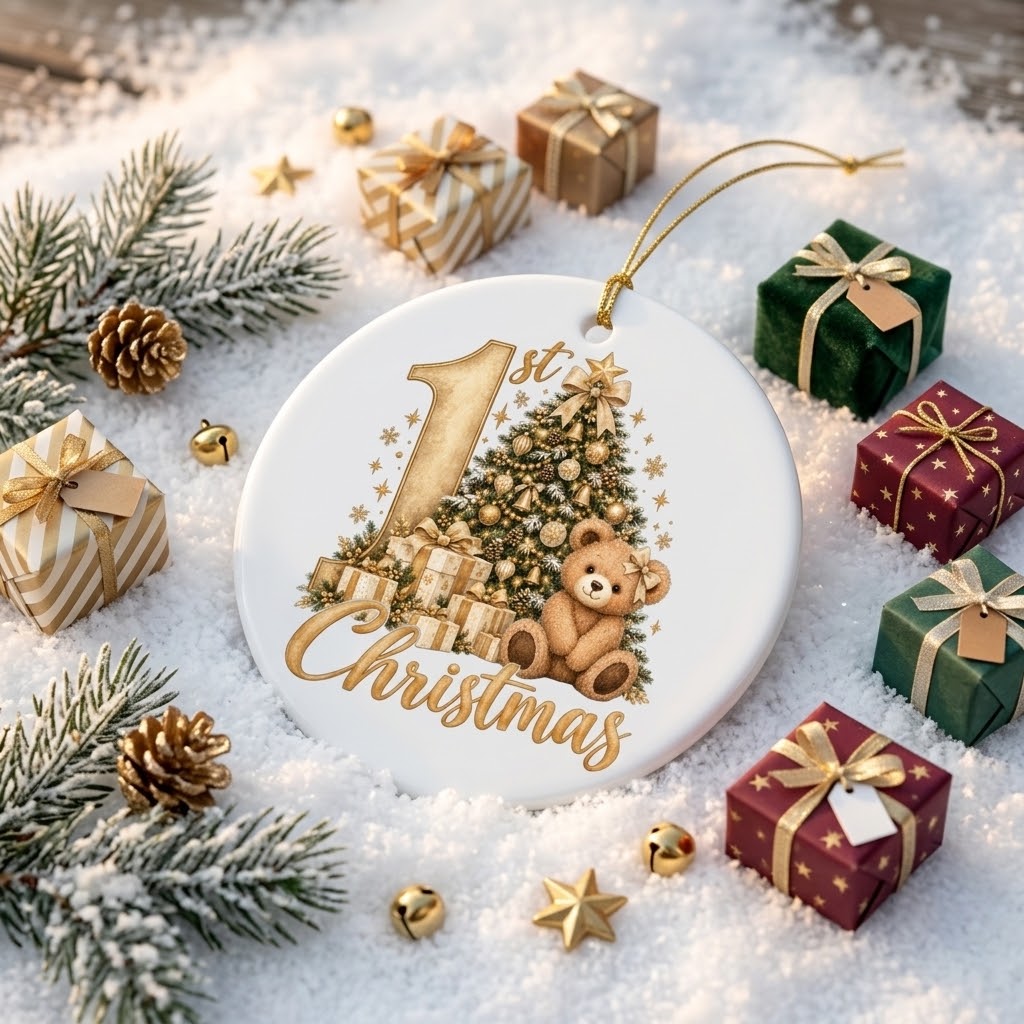 1st Christmas Ceramic Ornament – Tree & Teddy Keepsake