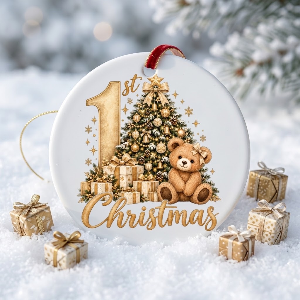 1st Christmas Ceramic Ornament – Tree & Teddy Keepsake