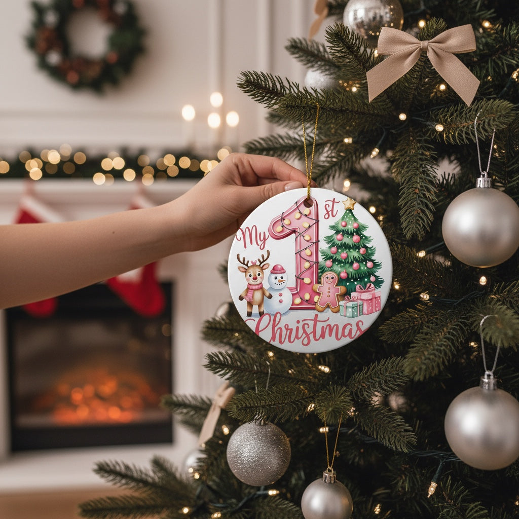 My 1st Christmas Ceramic Ornament – Pink Number One Festive Friends