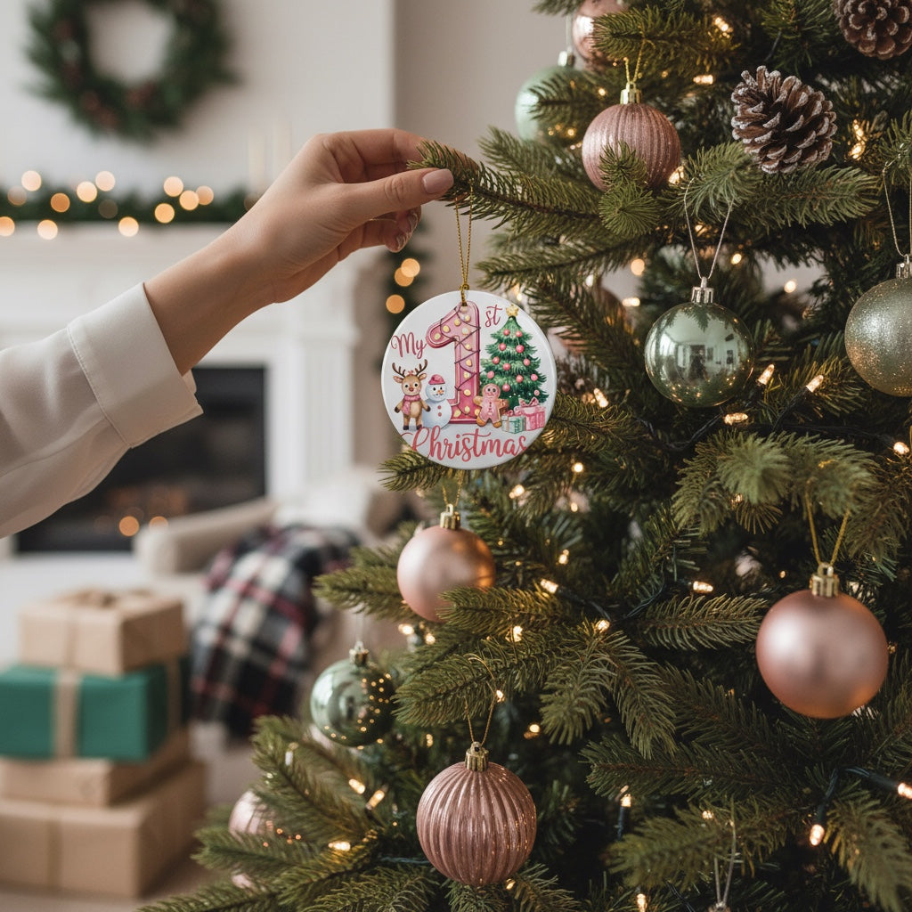 My 1st Christmas Ceramic Ornament – Pink Number One Festive Friends