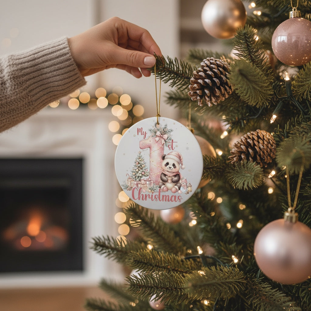 My 1st Christmas Ceramic Ornament – Pink Number One Panda & Tree