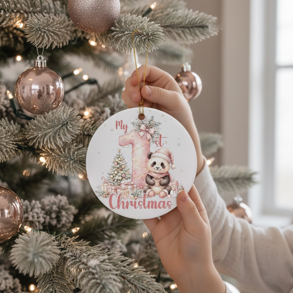My 1st Christmas Ceramic Ornament – Pink Number One Panda & Tree