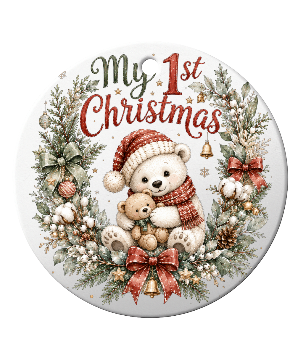 My 1st Christmas Ceramic Ornament – Bear & Wreath Keepsake