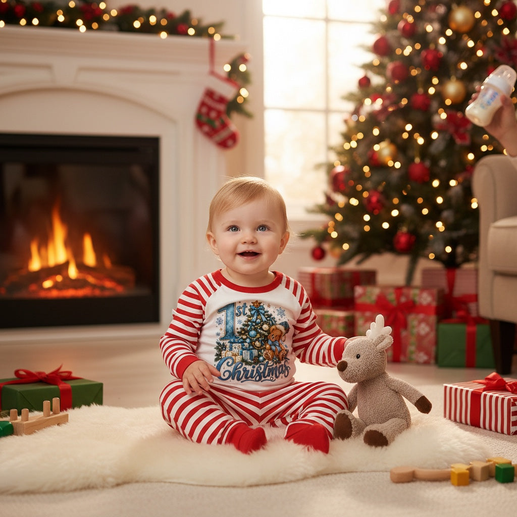 Blue Lettering – 1st Christmas Baby Pyjama Set (Tree & Teddy)