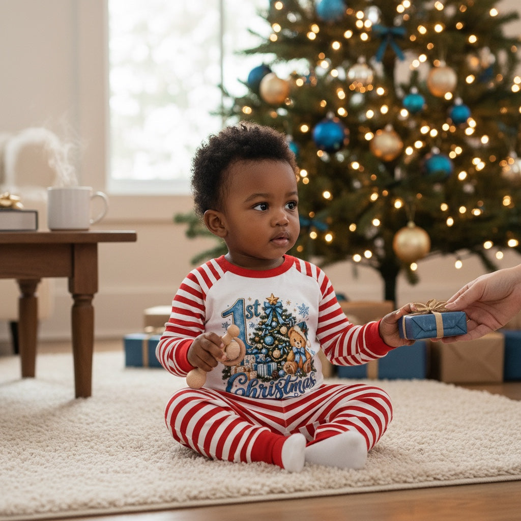 Blue Lettering – 1st Christmas Baby Pyjama Set (Tree & Teddy)