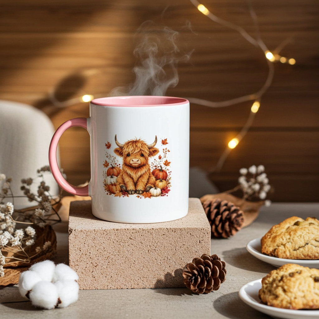 Autumn Highland Cow Ceramic Mug – 18 Unique Designs.