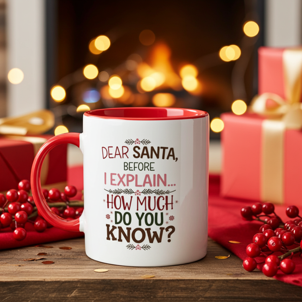 A white ceramic mug with a red handle and red interior, printed with the humorous holiday quote 'DEAR SANTA, BEFORE I EXPLAIN.